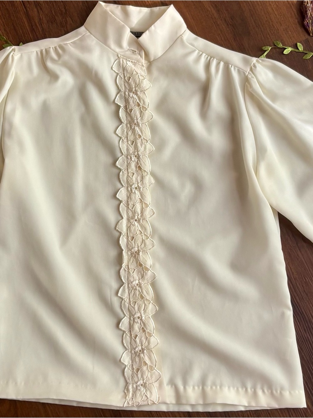 80s Vintage Cream Lace-Trim Mock Neck Blouse